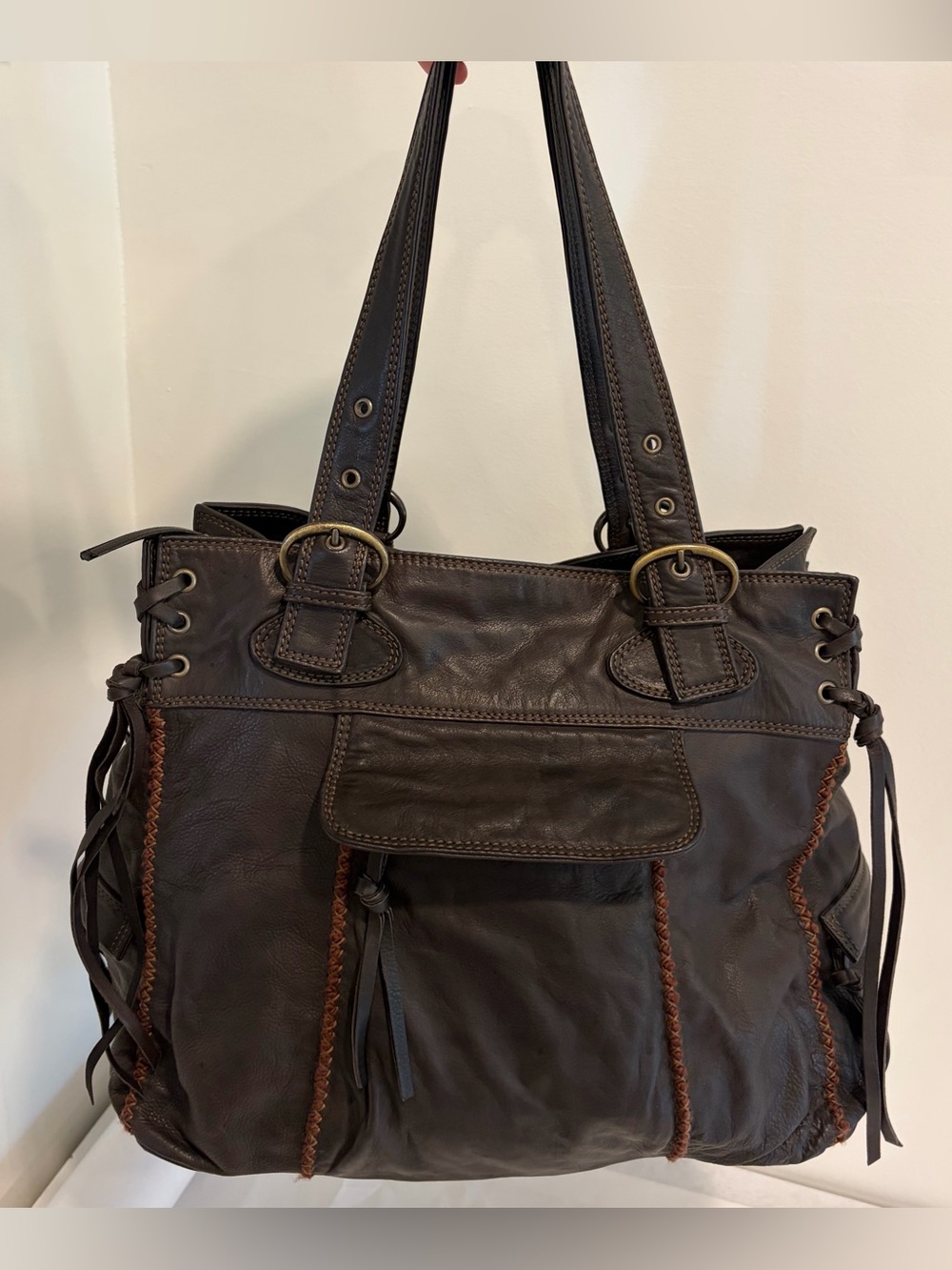 Nicoli Brown italian Leather oversized hobo fringe purse handbag shoulder bag - Picture 4 of 13